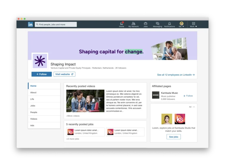 Shaping Impact Linkedin page mockup
